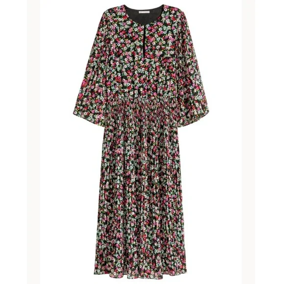 h&m pleated midi dress H&M Pleated Chiffon Dress - Low-cut Neckline - Long sleeve - Green - Ladies  | H&M US